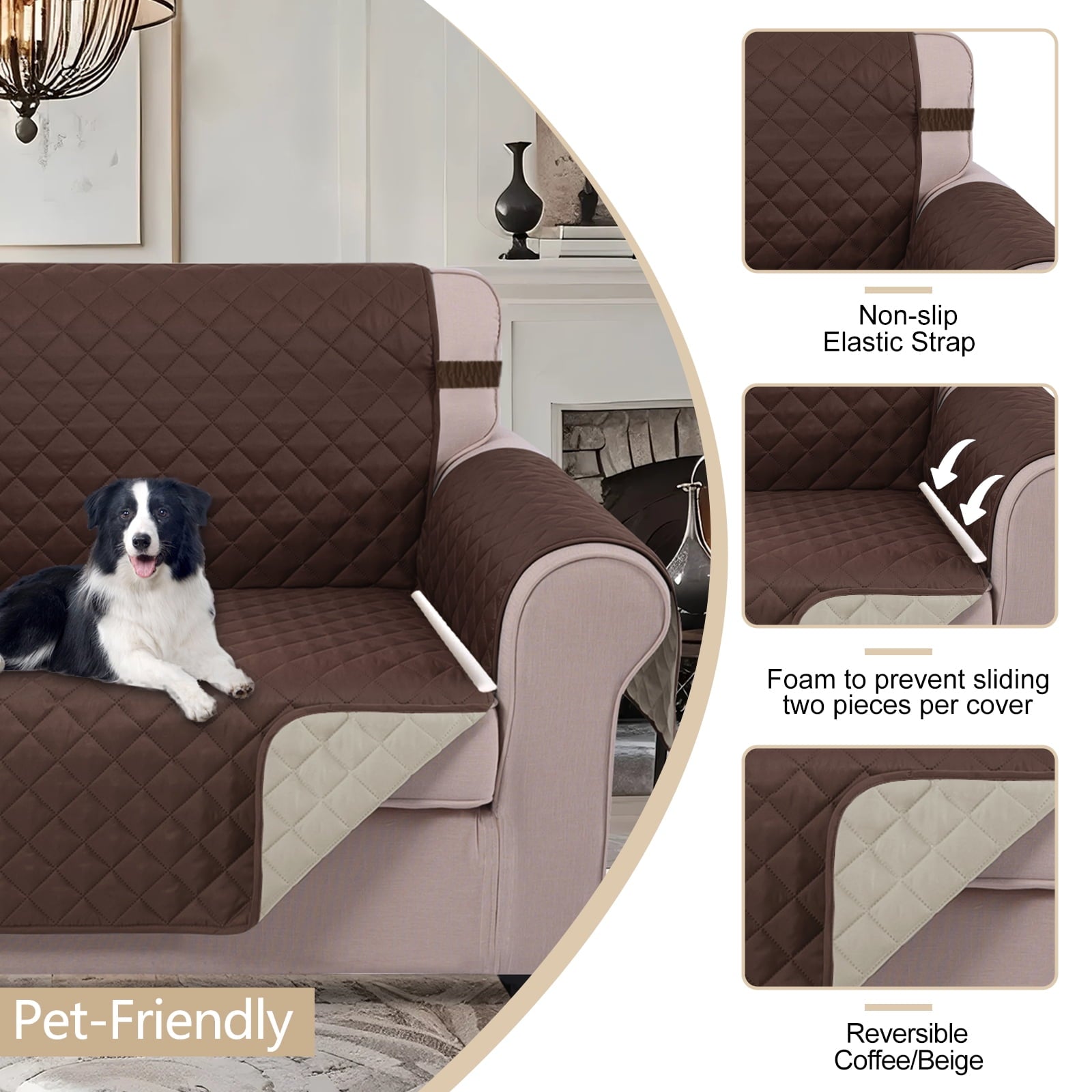 U-NICE HOME Reversible Sofa Cover 3-Seater, Washable, Water Repellent, Elastic Straps, Chocolate/Beige