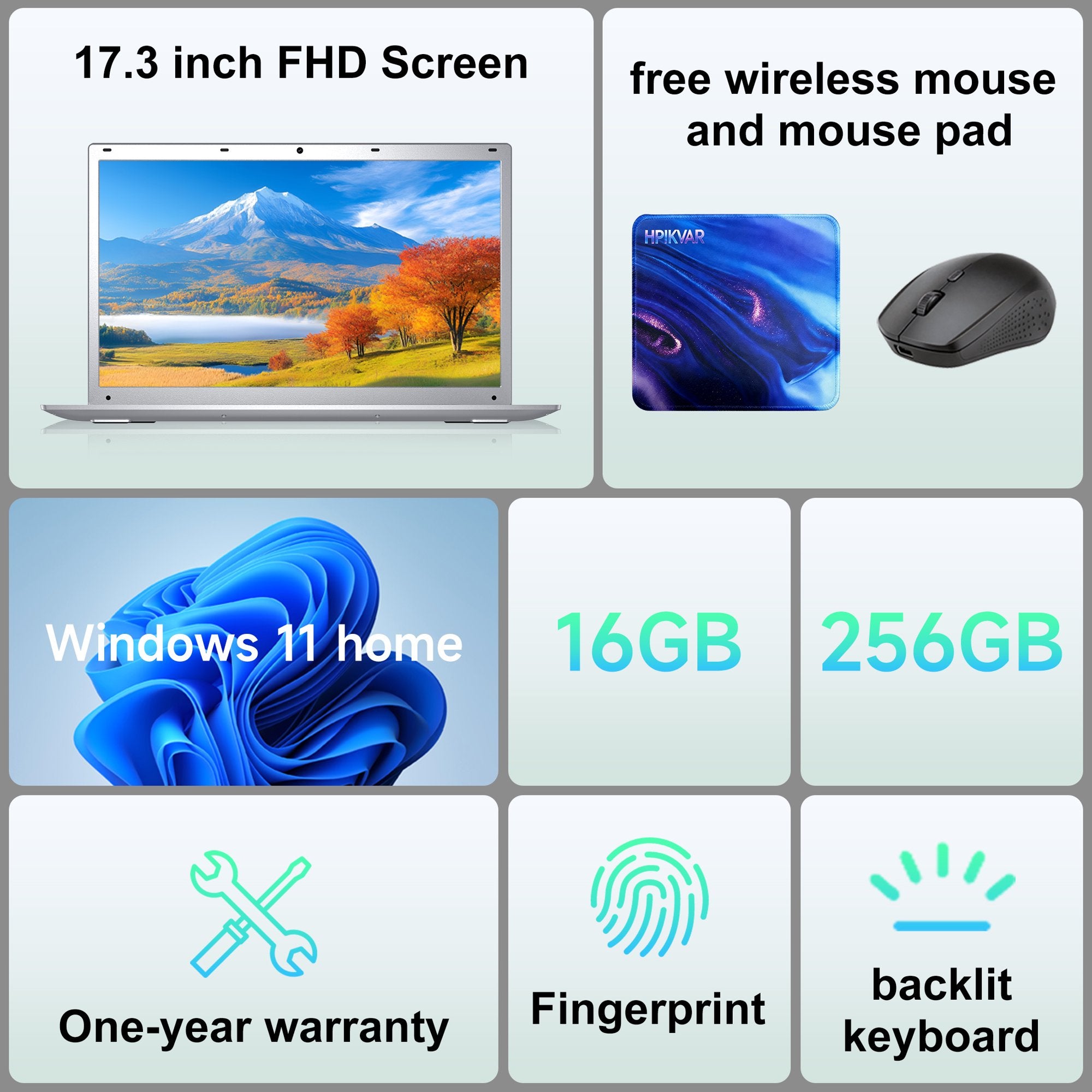 HPIKVAR 17.3" Windows 11 Laptop Computer, DDR4 16GB RAM 256GB SSD, Backlit KB, Mouse and Mouse Pad, Intel N4505 (up to 2.9GHz) with Office 2024, 1080P FHD Display for Business, Student